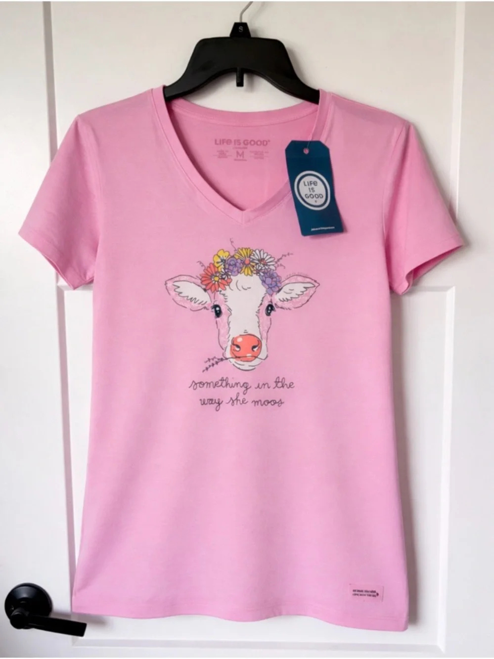 NWT: Life Is Good Pink V-Neck Tee with Floral Crown Cow - Picture 3 of 5